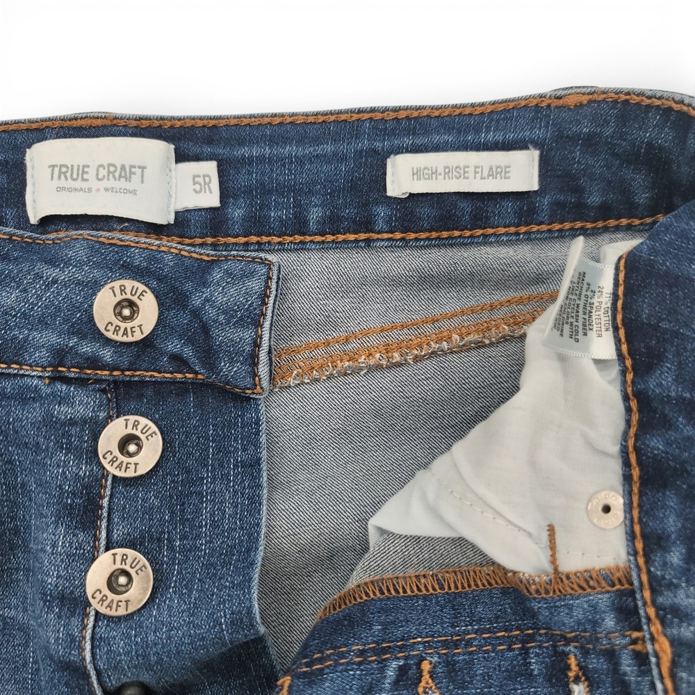True Craft Womens 5R High Rise Flare Jeans Blue Stretch‎ Raw Hem - Picture 6 of 7